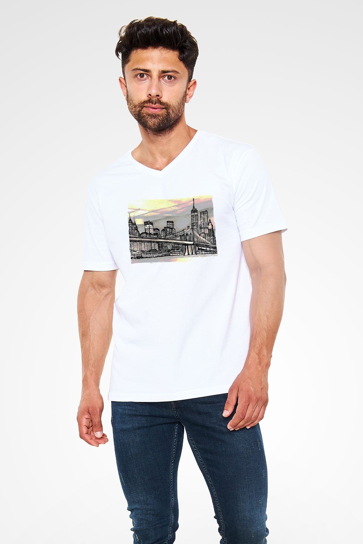 Kule Köprüsü Beyaz Unisex V Yaka Tişört