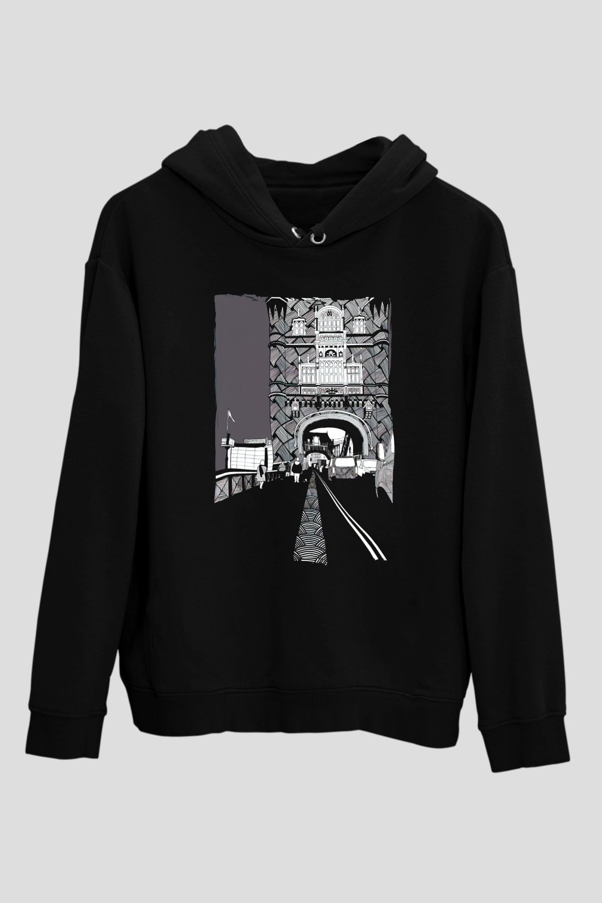 Kule Köprüsü Siyah Unisex Hoodie