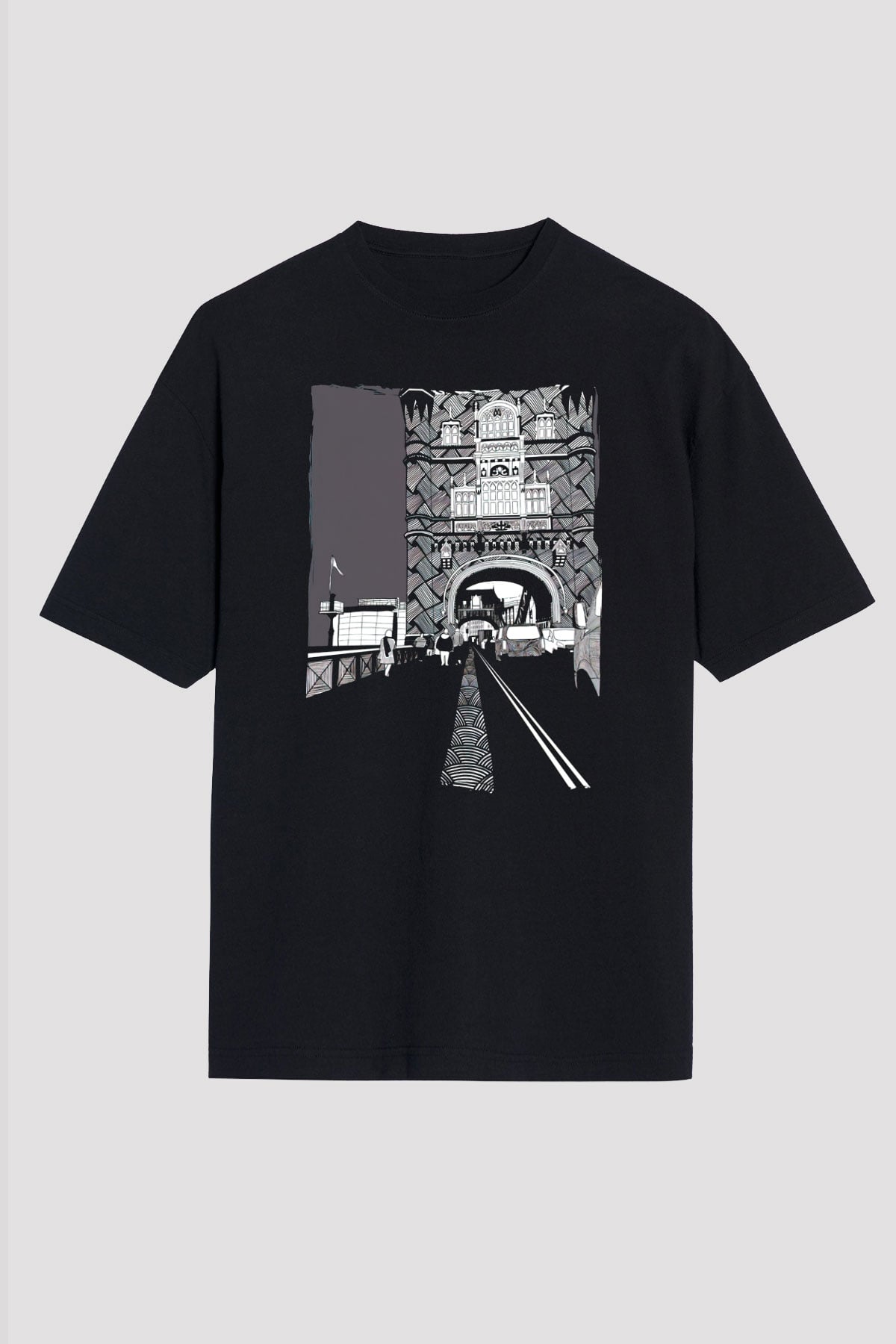 Kule Köprüsü Siyah Oversize Tişört Oversize T-shirt - TişörtFabrikası