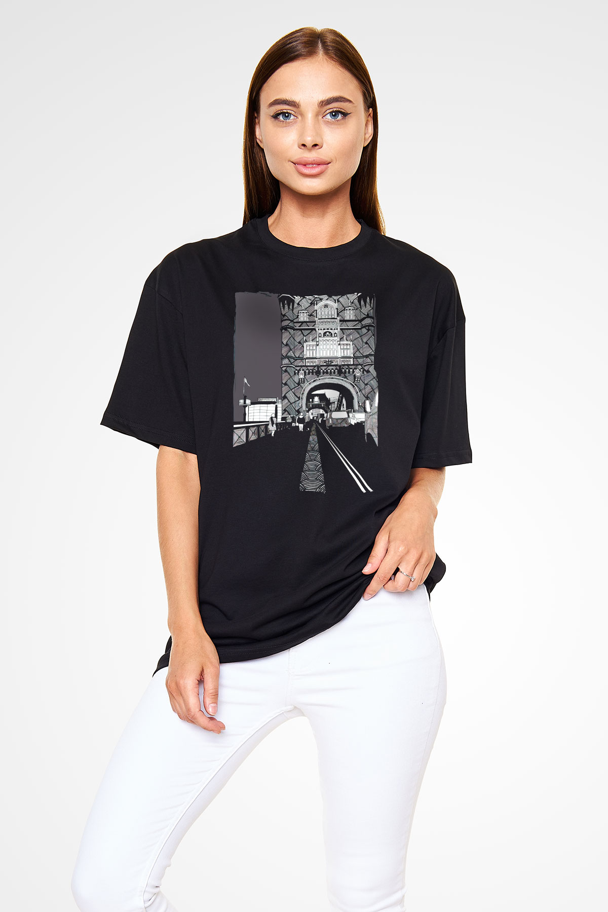 Kule Köprüsü Siyah Oversize Tişört Oversize T-shirt - TişörtFabrikası