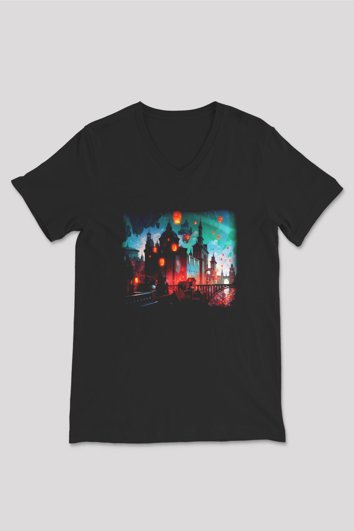 Kule Köprüsü Siyah Unisex V Yaka Tişört T-Shirt