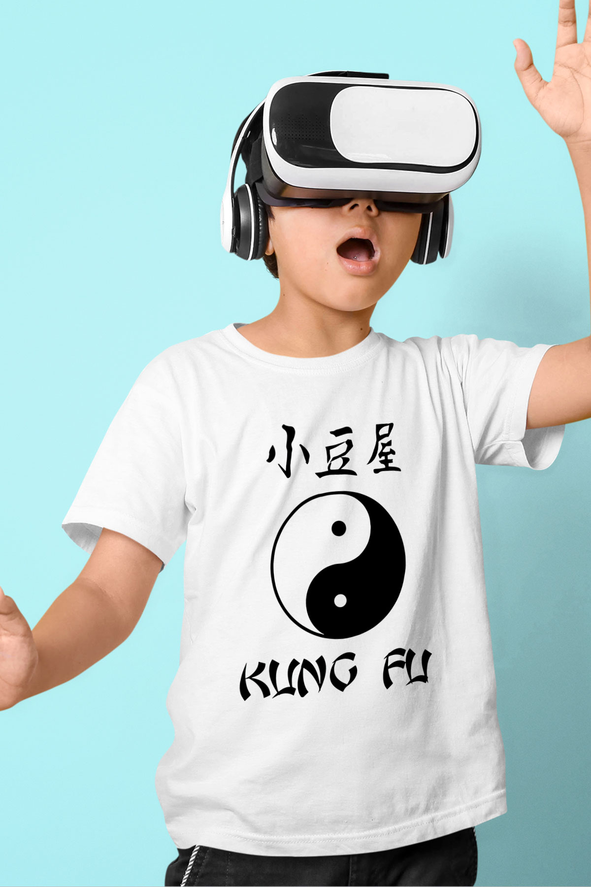 Kung Fu Baskılı Beyaz Unisex Çocuk Tişört