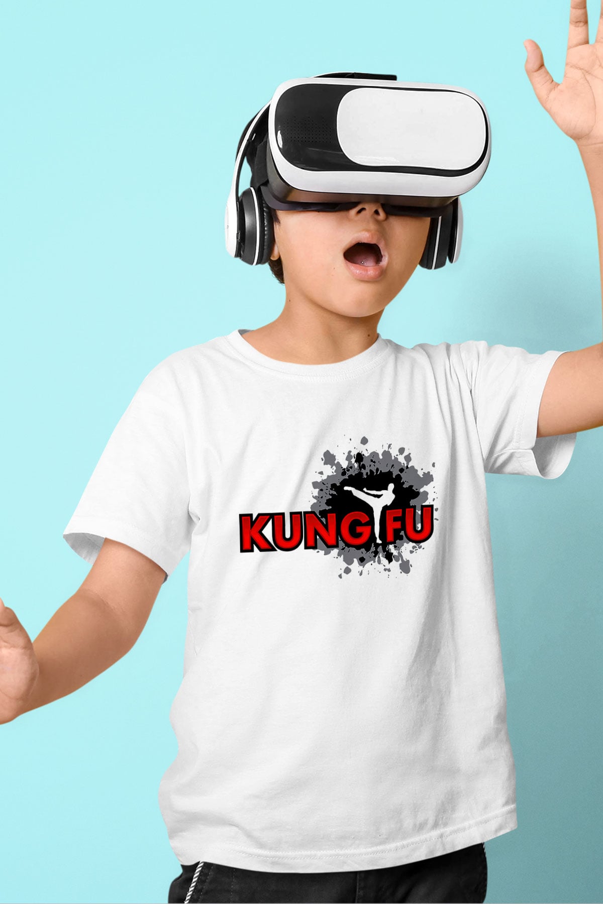 Kung Fu Baskılı Beyaz Unisex Çocuk Tişört