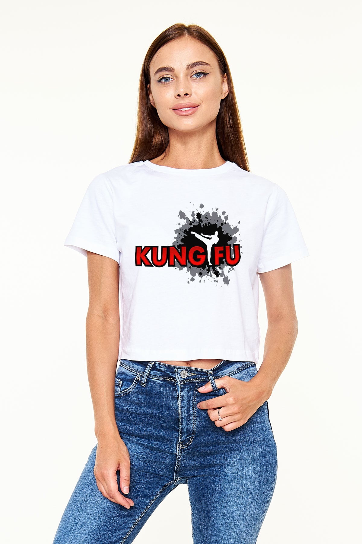 Kung Fu Beyaz Croptop Tişört