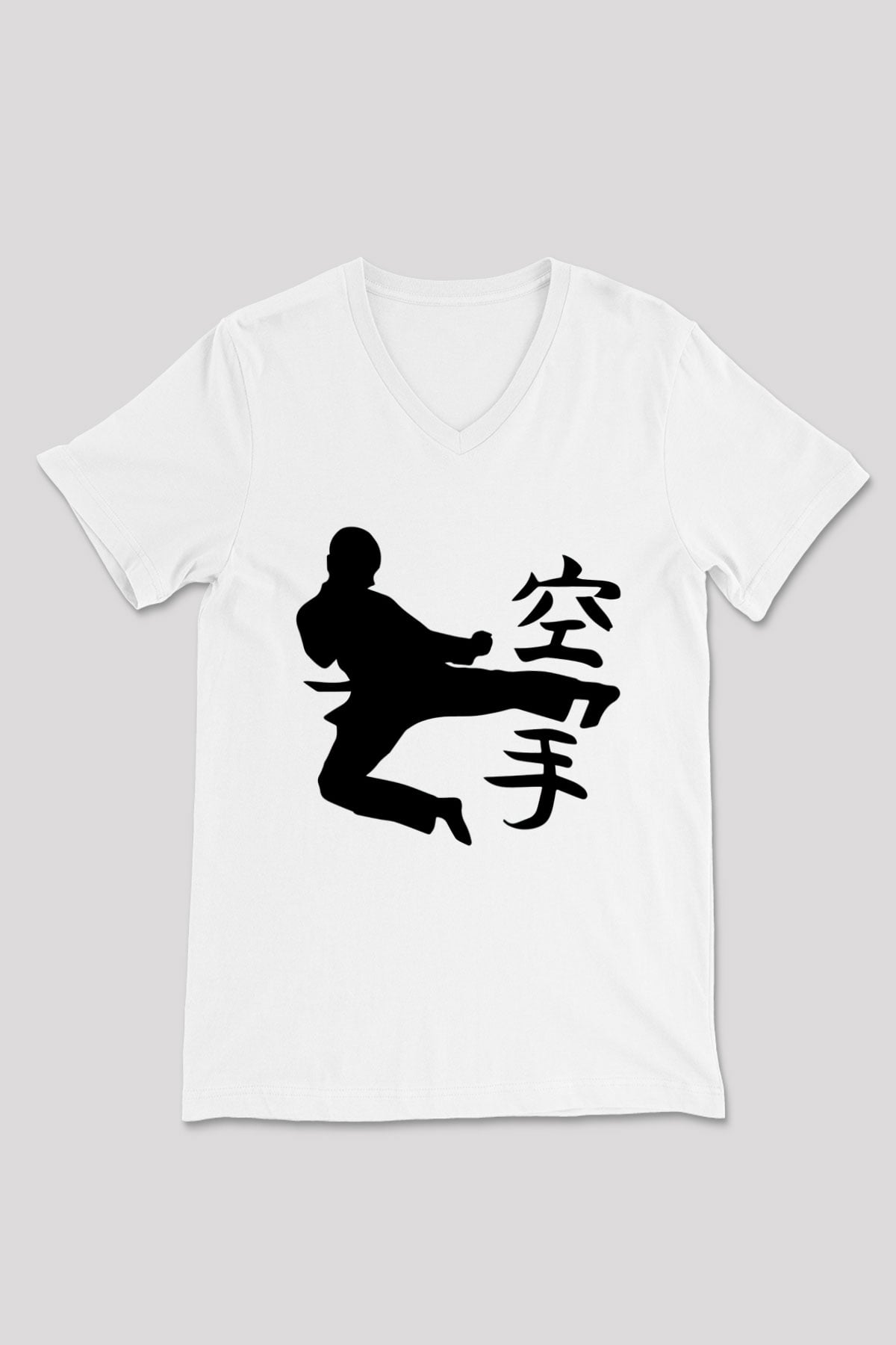 Kung Fu Beyaz Unisex V Yaka Tişört T-Shirt