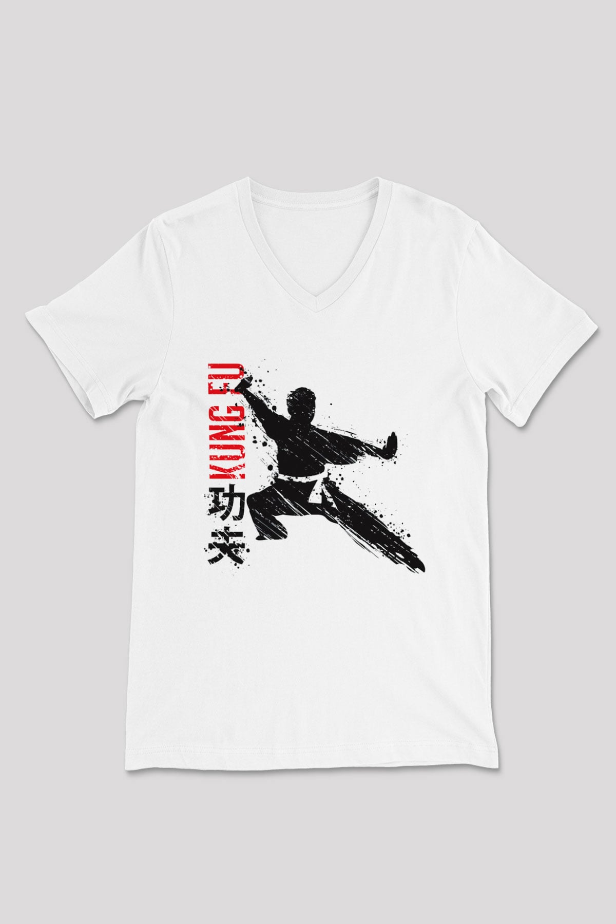 Kung Fu Beyaz Unisex V Yaka Tişört T-Shirt