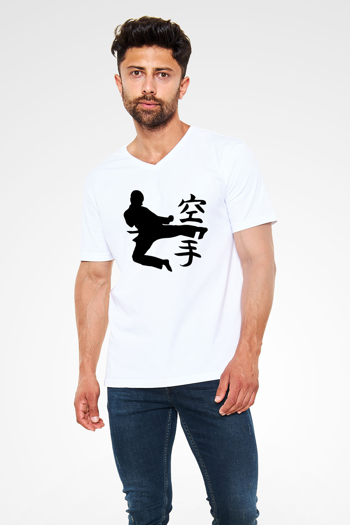 Kung Fu Beyaz Unisex V Yaka Tişört T-Shirt