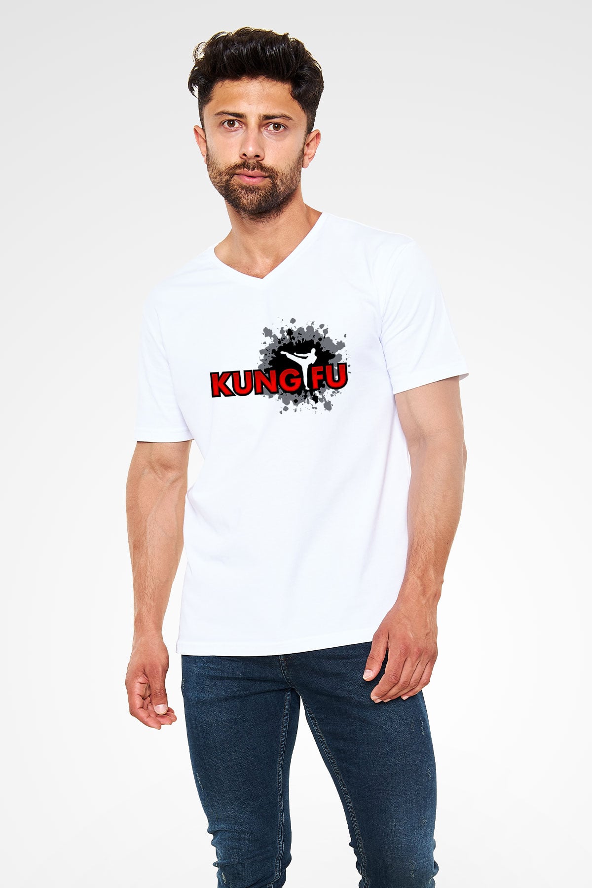Kung Fu Beyaz Unisex V Yaka Tişört T-Shirt