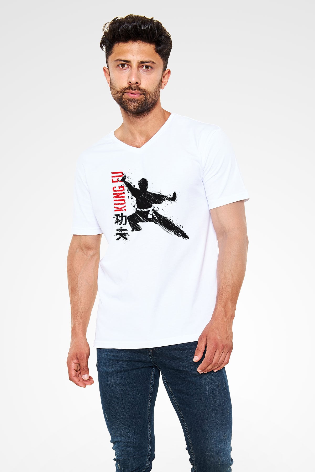 Kung Fu Beyaz Unisex V Yaka Tişört T-Shirt
