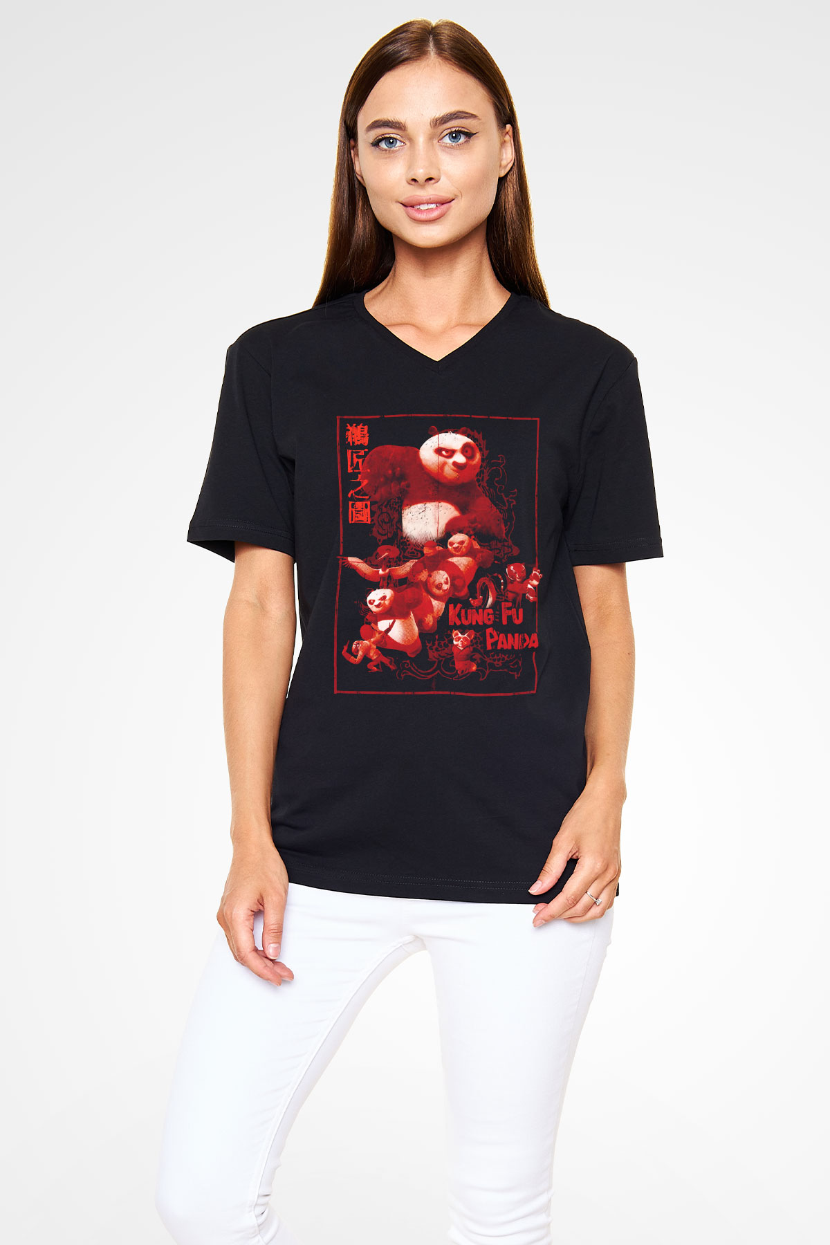 Kung Fu Panda Baskılı Unisex Siyah  V Yaka Tişört