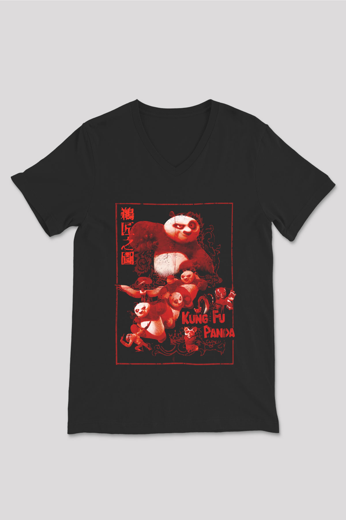 Kung Fu Panda Baskılı Unisex Siyah  V Yaka Tişört
