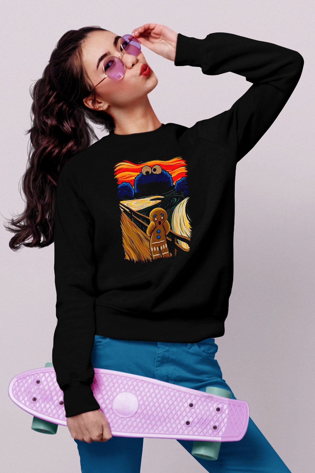 Kurabiye Canavarı Baskılı Unisex Siyah  Sweatshirt