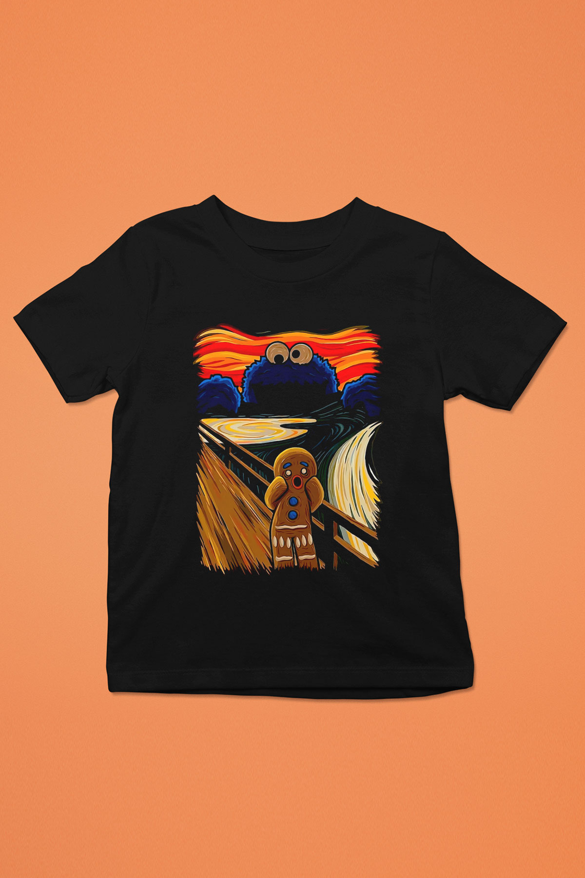 Kurabiye Canavarı Baskılı Unisex Siyah  Çocuk Tişört