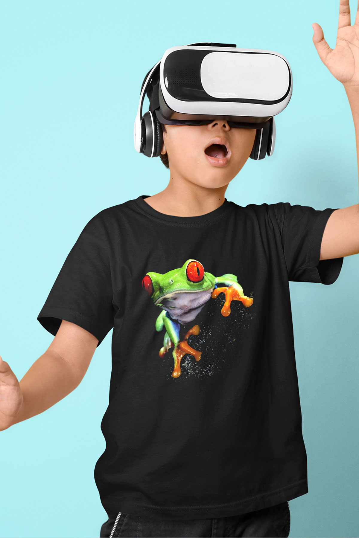 Kurbağa Baskılı Siyah Unisex Çocuk Tişört