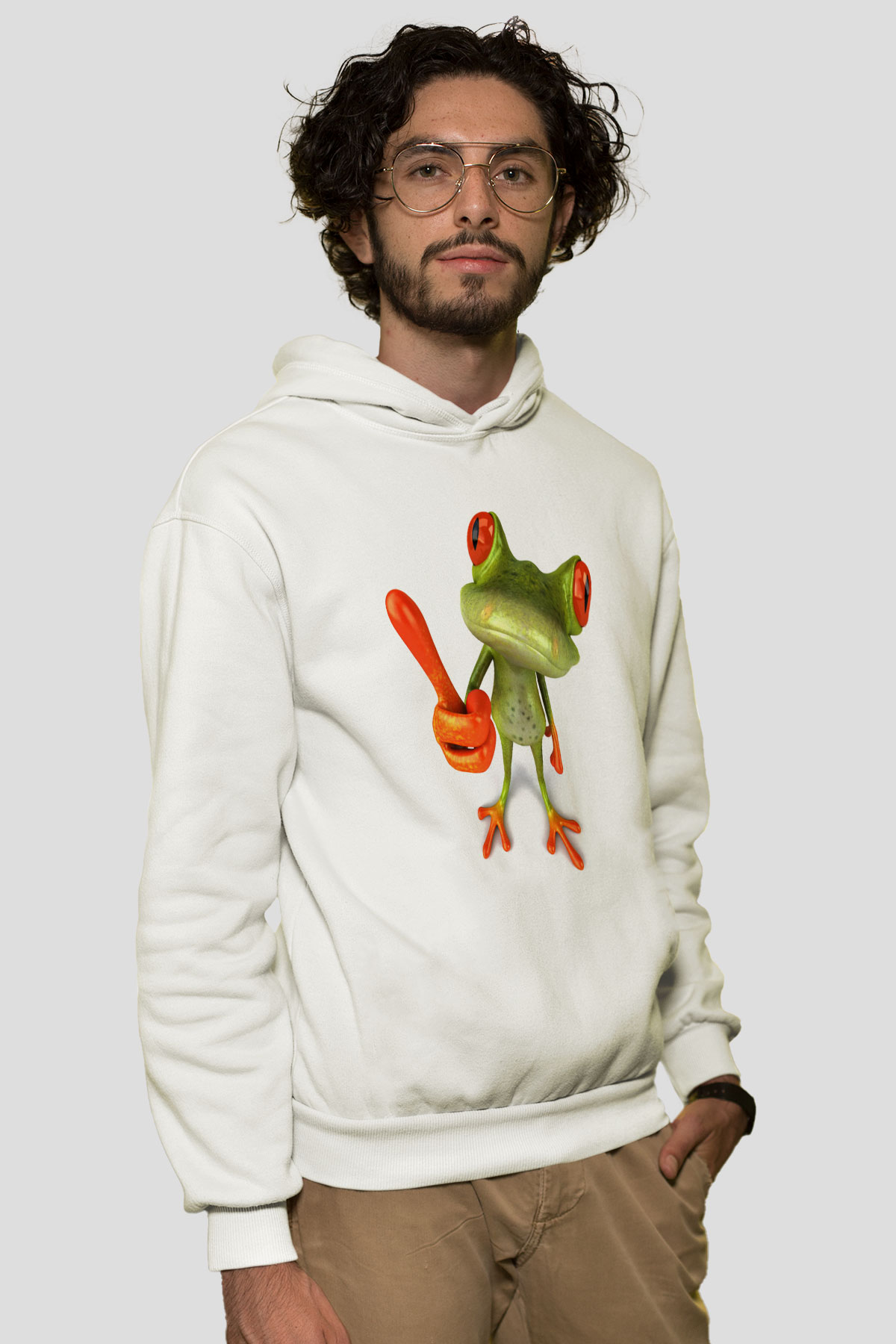 Kurbağa Beyaz Unisex Kapşonlu Sweatshirt