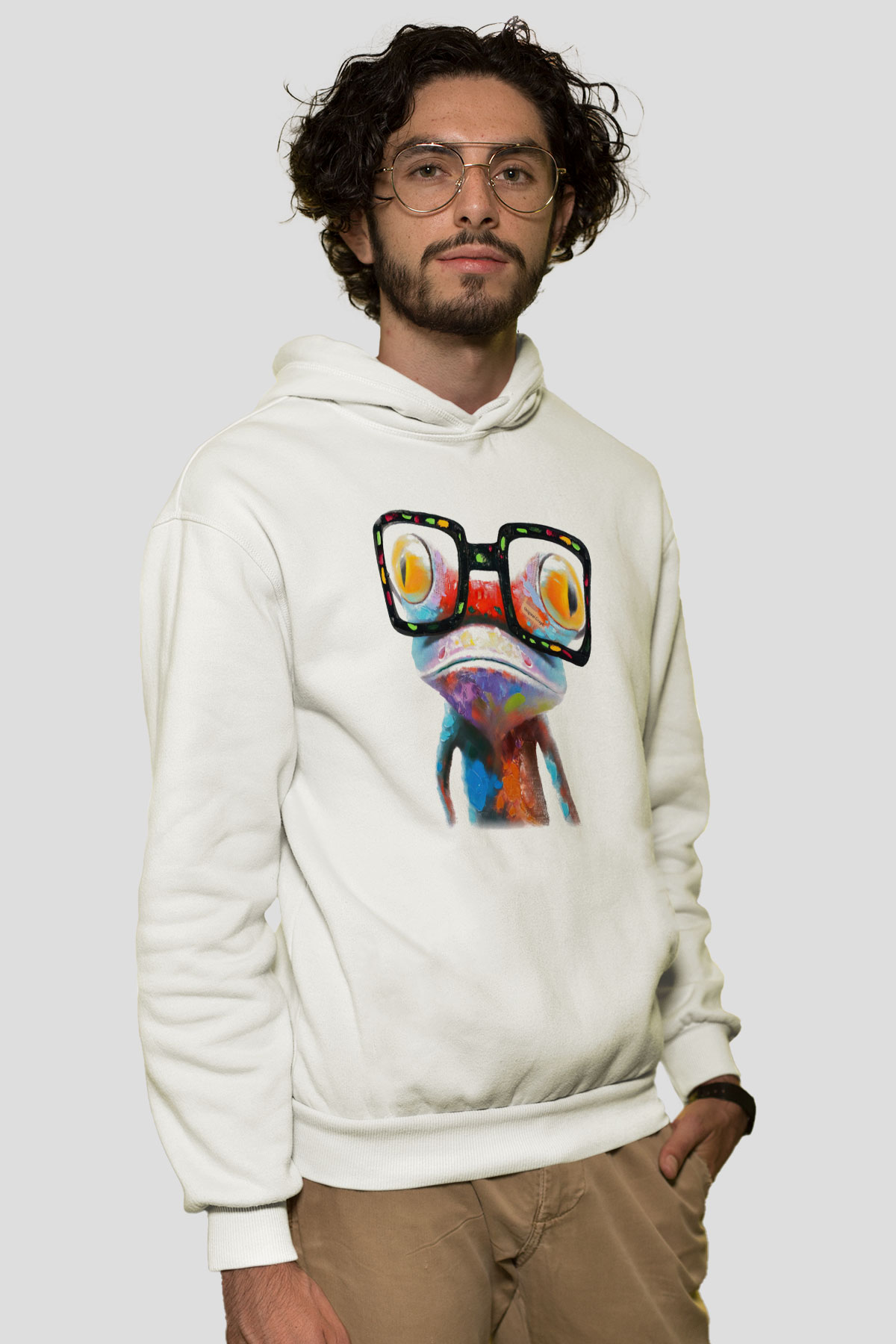 Kurbağa Beyaz Unisex Kapşonlu Sweatshirt