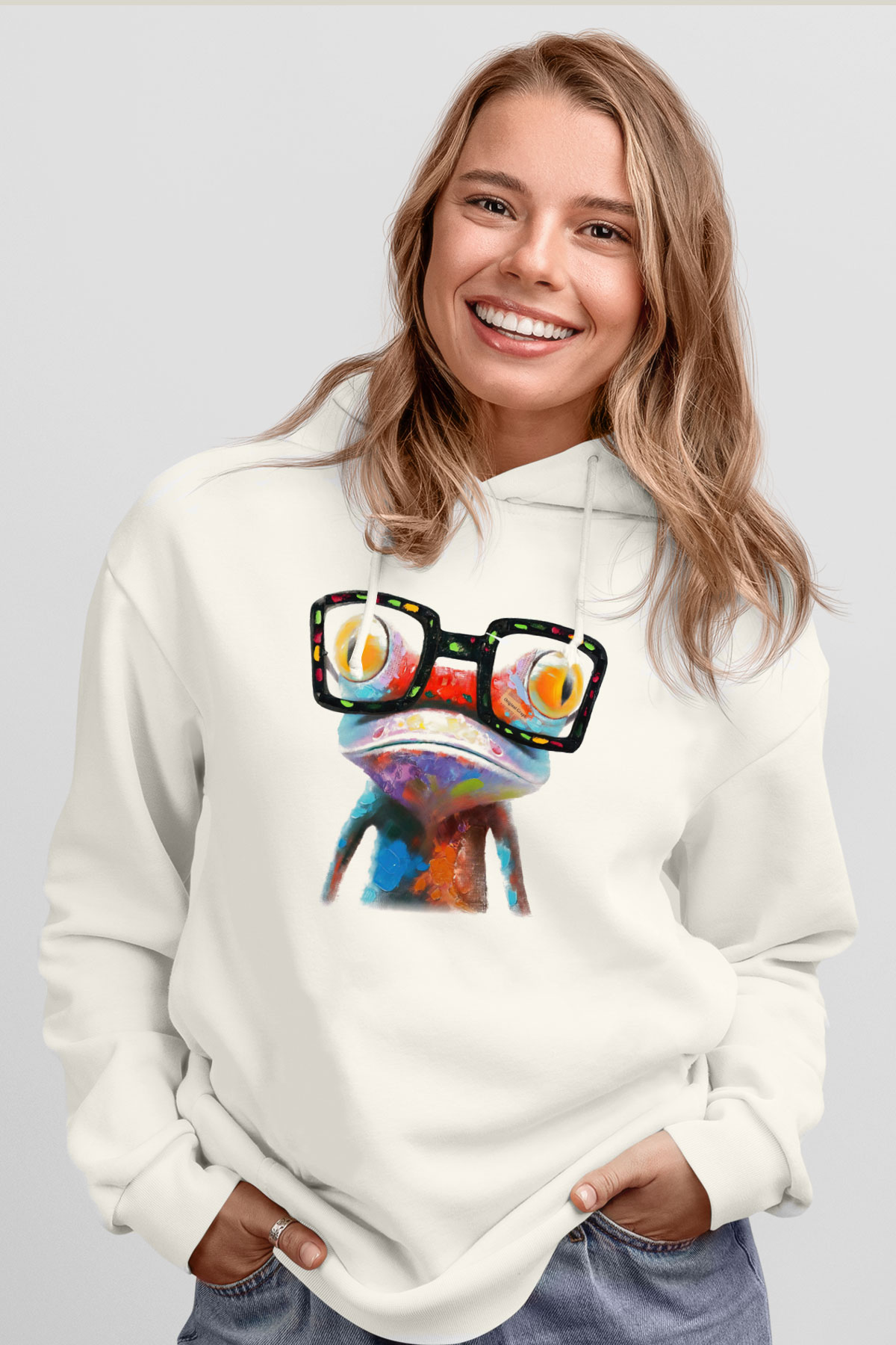 Kurbağa Beyaz Unisex Kapşonlu Sweatshirt