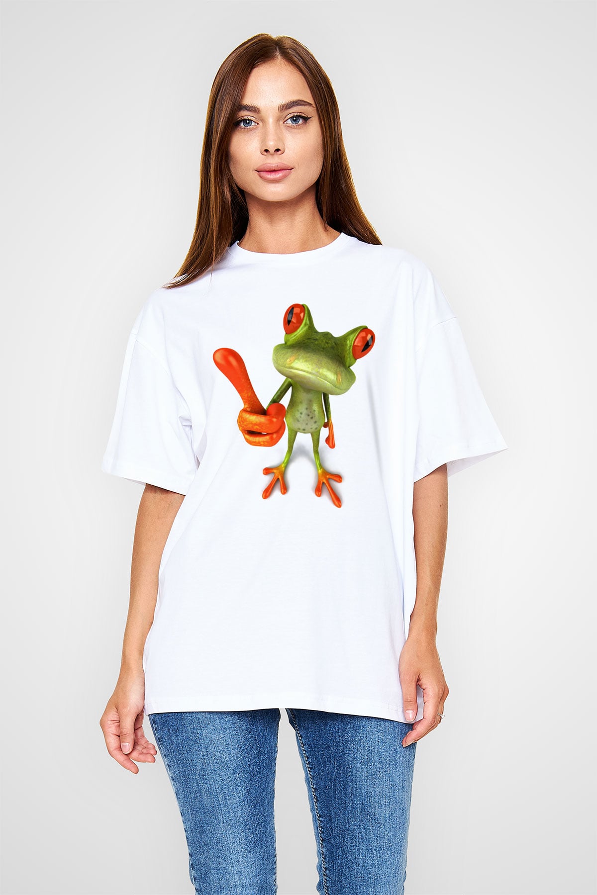 Kurbağa Beyaz Unisex Oversize Tişört T-Shirt
