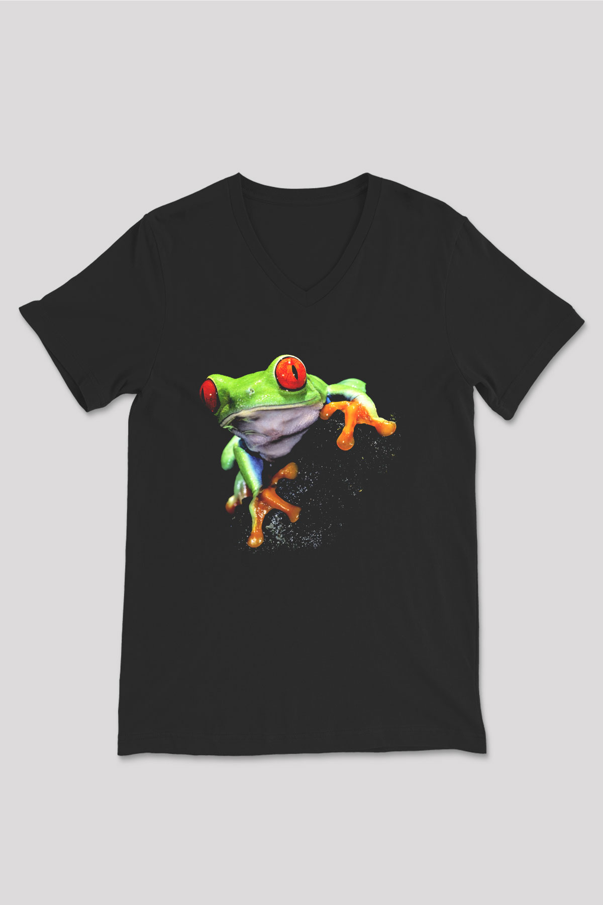 Kurbağa Siyah Unisex V Yaka Tişört T-Shirt