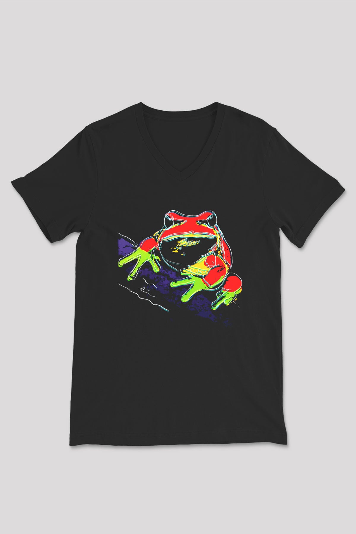 Kurbağa Siyah Unisex V Yaka Tişört T-Shirt