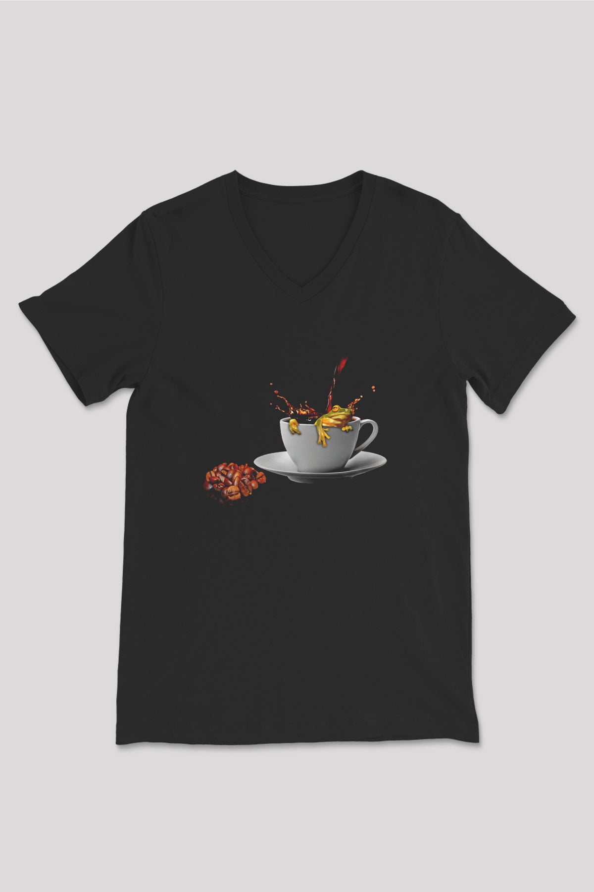 Kurbağa Siyah Unisex V Yaka Tişört T-Shirt