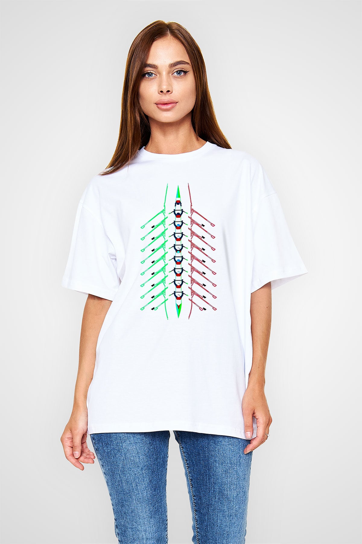 Kürek Baskılı Unisex Beyaz Oversize Tişört - Tshirt