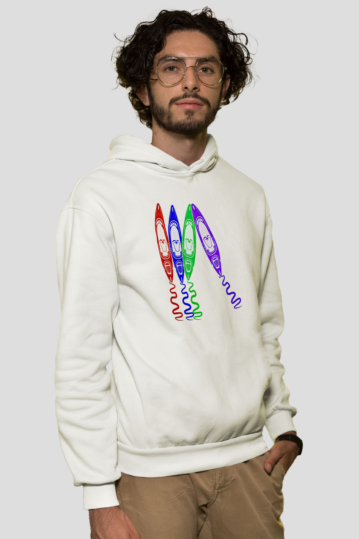 Kürek Baskılı Unisex Ekru Hoodie