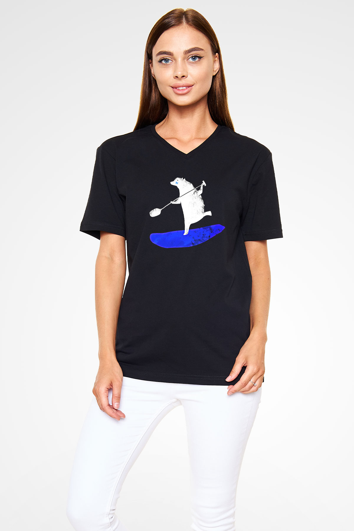 Kürek - Paddle Boarding Baskılı Unisex Siyah V Yaka Tişört