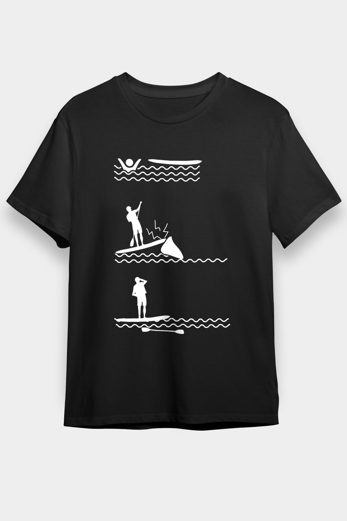 Kürek - Paddle Boarding Baskılı Unisex Siyah Tişört - Tshirt