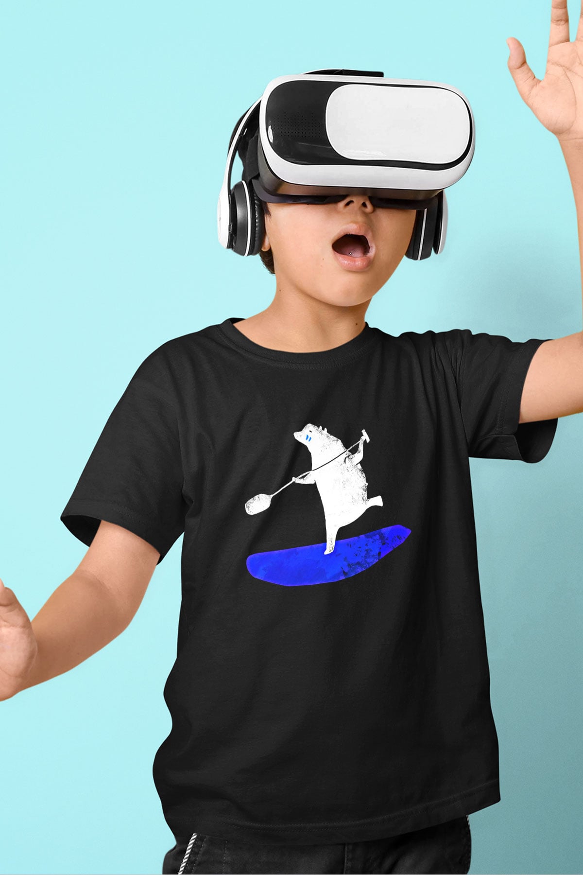 Kürek - Paddle Boarding Baskılı Unisex Siyah Çocuk Tİşörtü - Tshirt