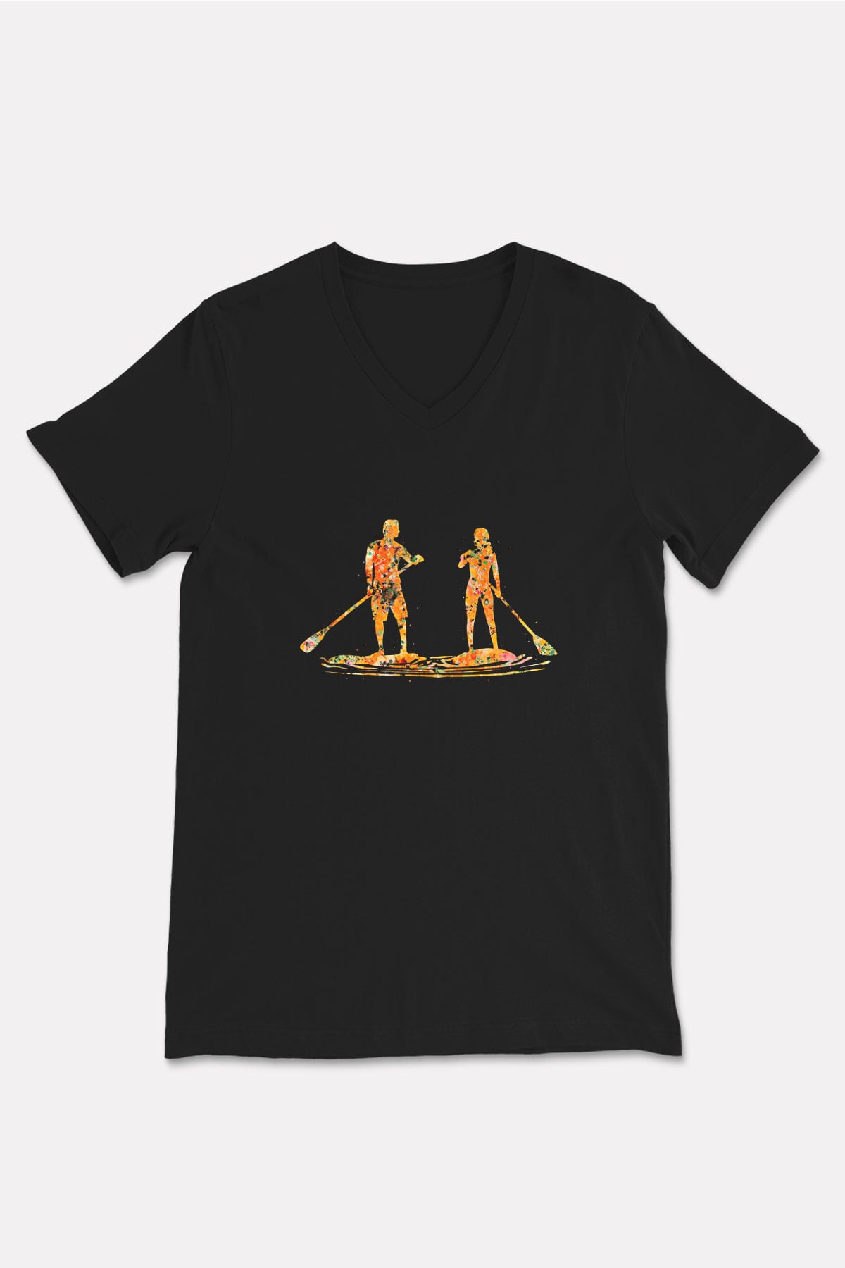 Kürek - Paddle Boarding Baskılı Unisex Siyah V Yaka Tişört