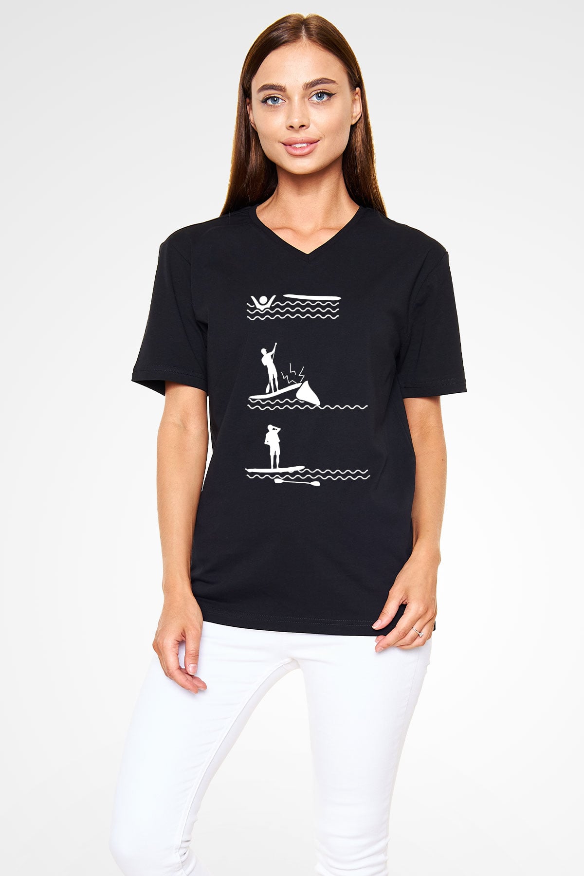 Kürek - Paddle Boarding Baskılı Unisex Siyah V Yaka Tişört