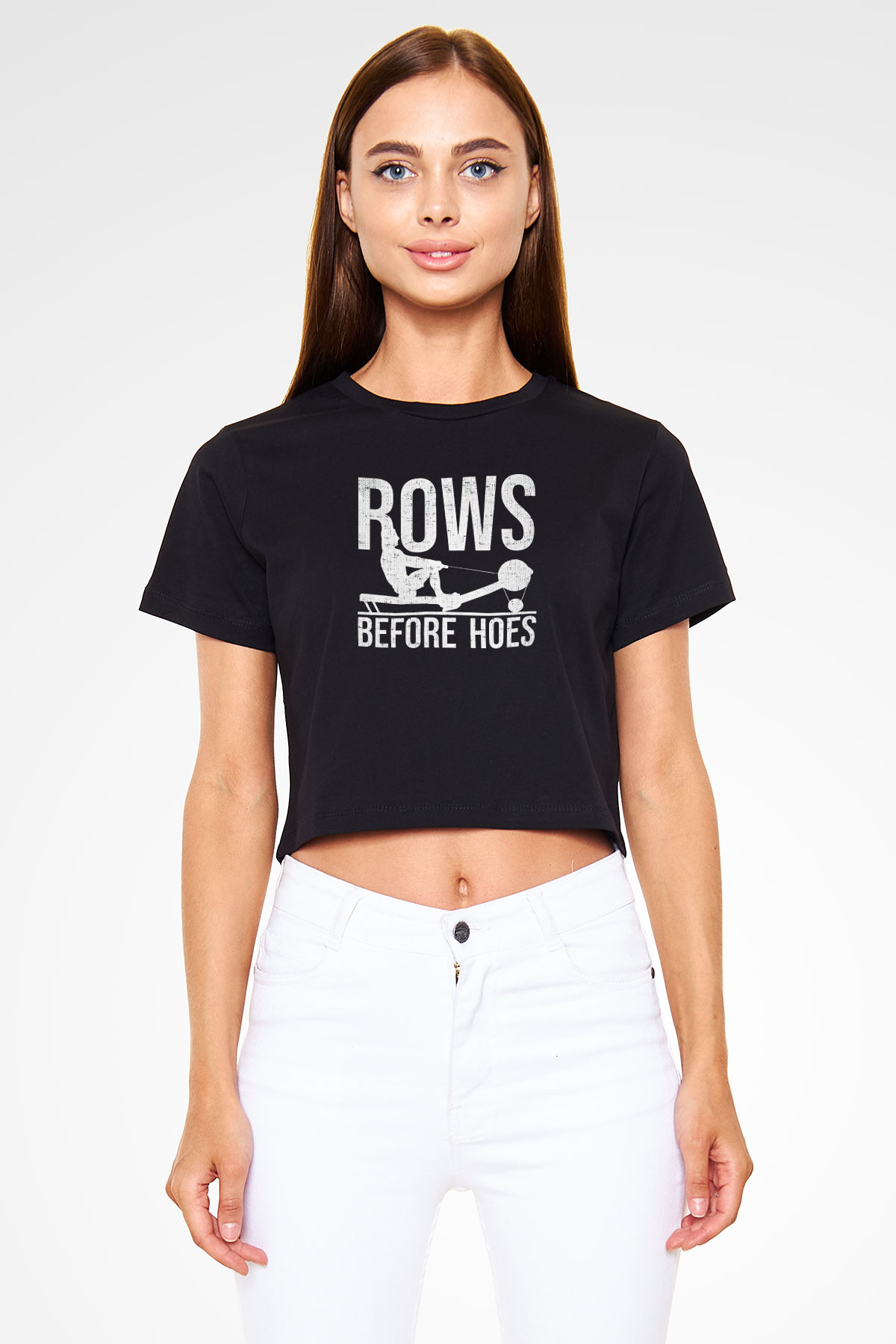 Kürek - Rowing Sport Baskılı Crop Top Siyah Kadın Tişört - Tshirt