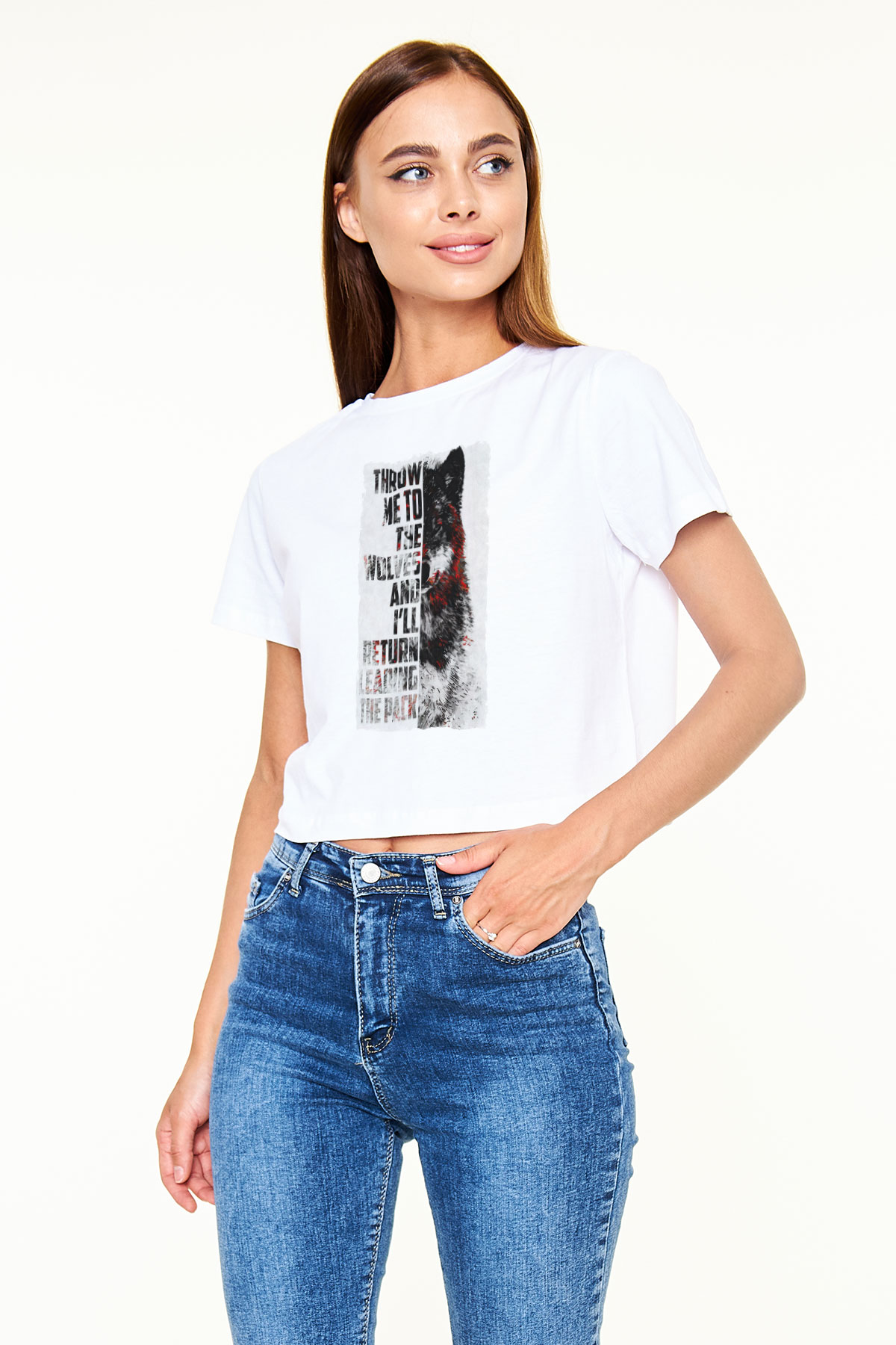 Kurt Baskılı  Beyaz  Crop Top Tişört
