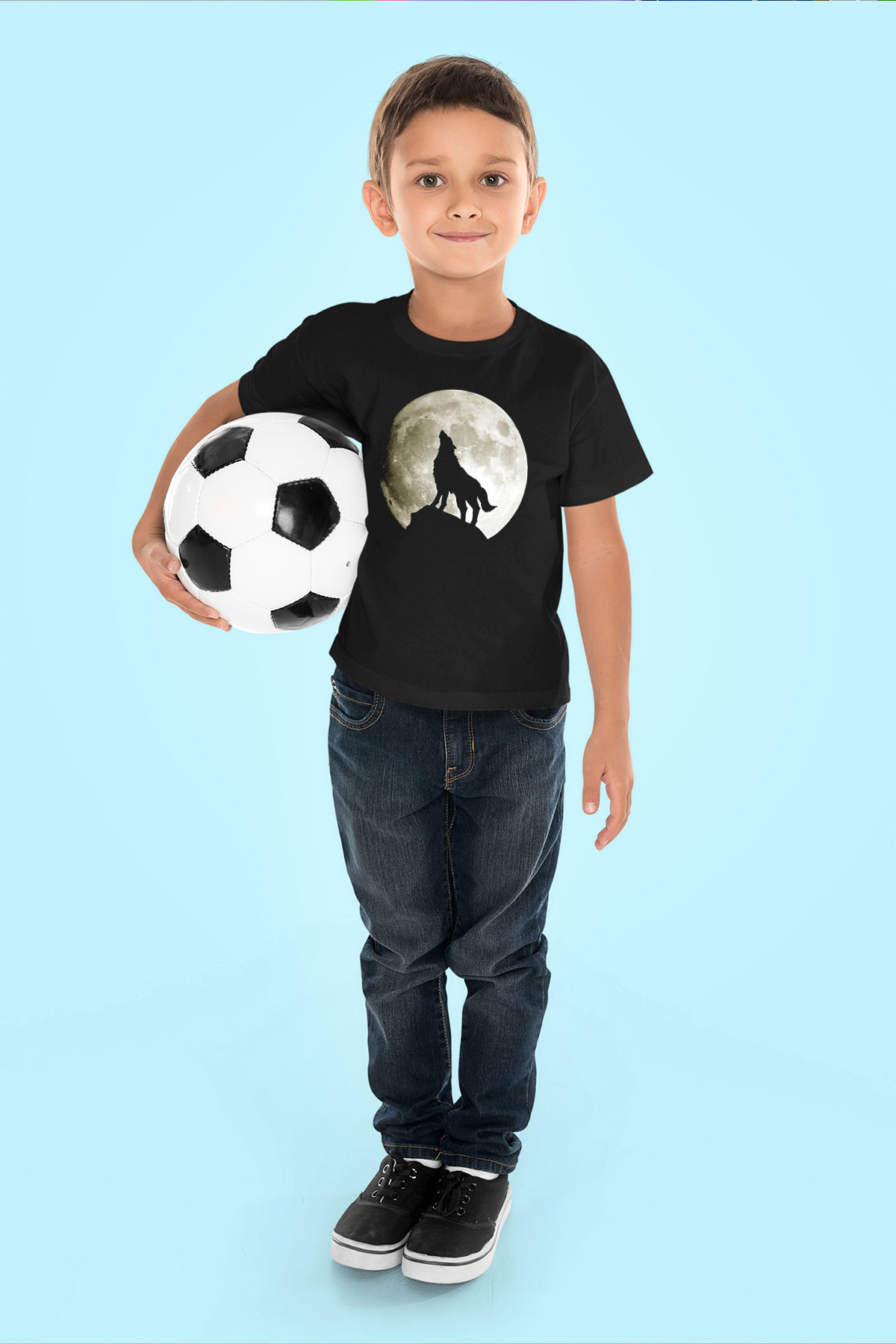 Kurt Baskılı Siyah Unisex Çocuk Tişört
