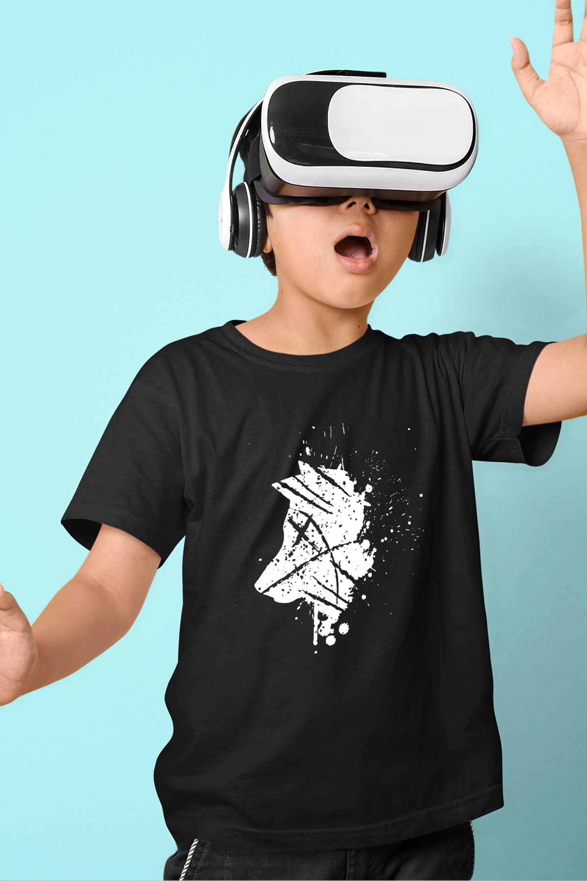 Kurt Baskılı Siyah Unisex Çocuk Tişört