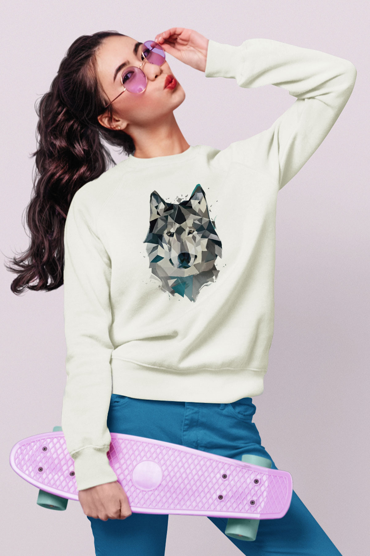 Kurt Baskılı Unisex Beyaz  Sweatshirt