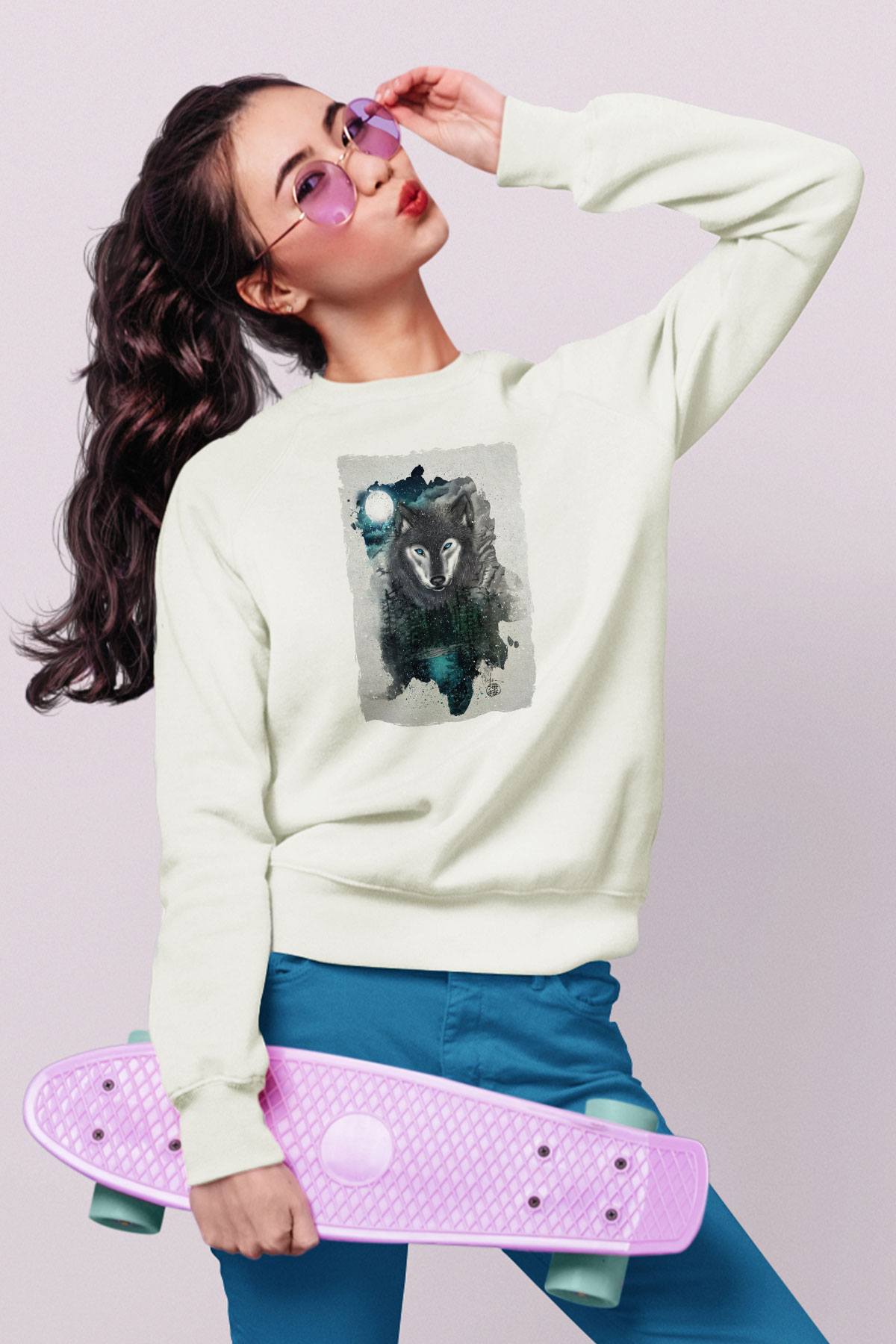 Kurt Baskılı Unisex Beyaz  Sweatshirt