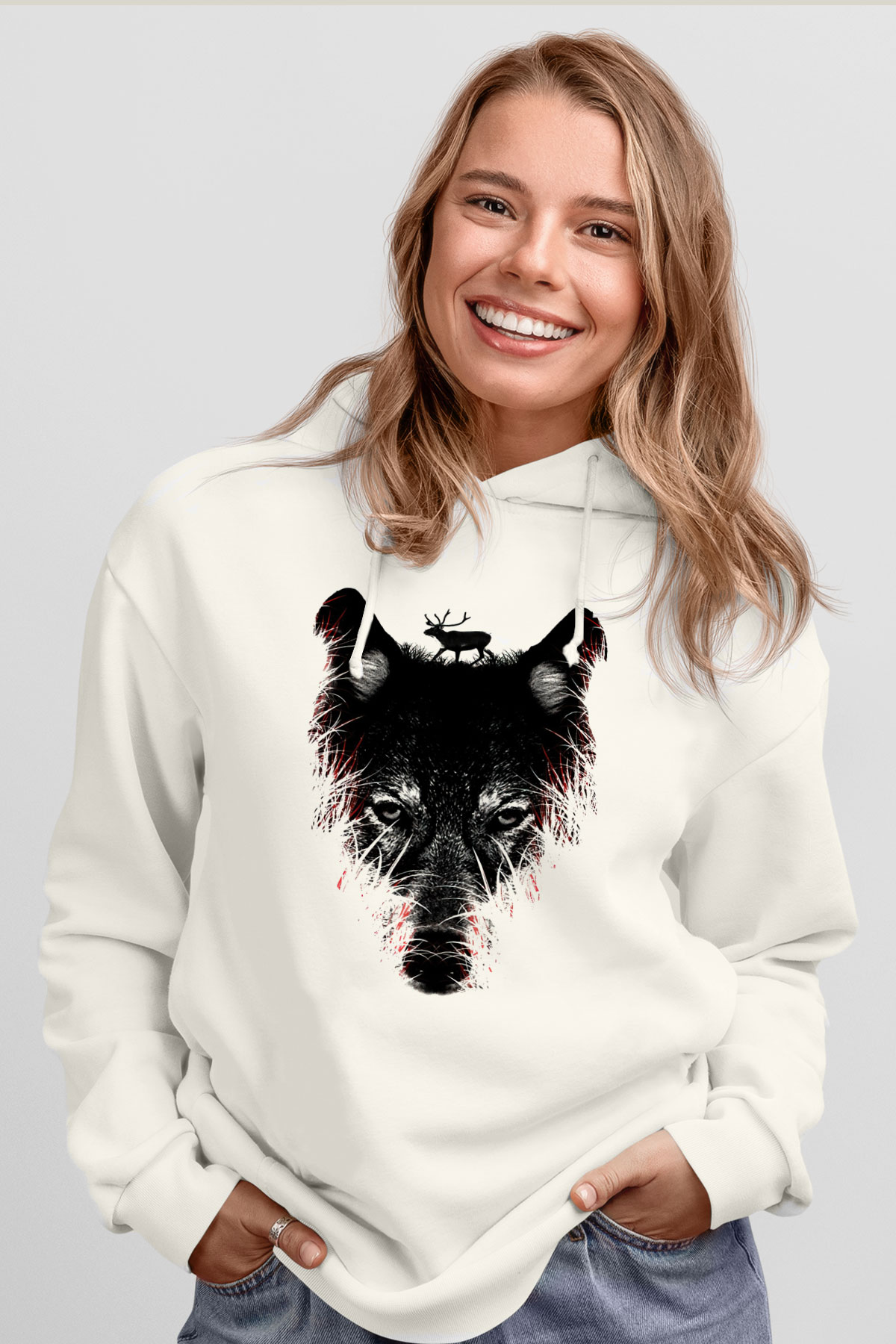 Kurt Beyaz Unisex Kapşonlu Sweatshirt