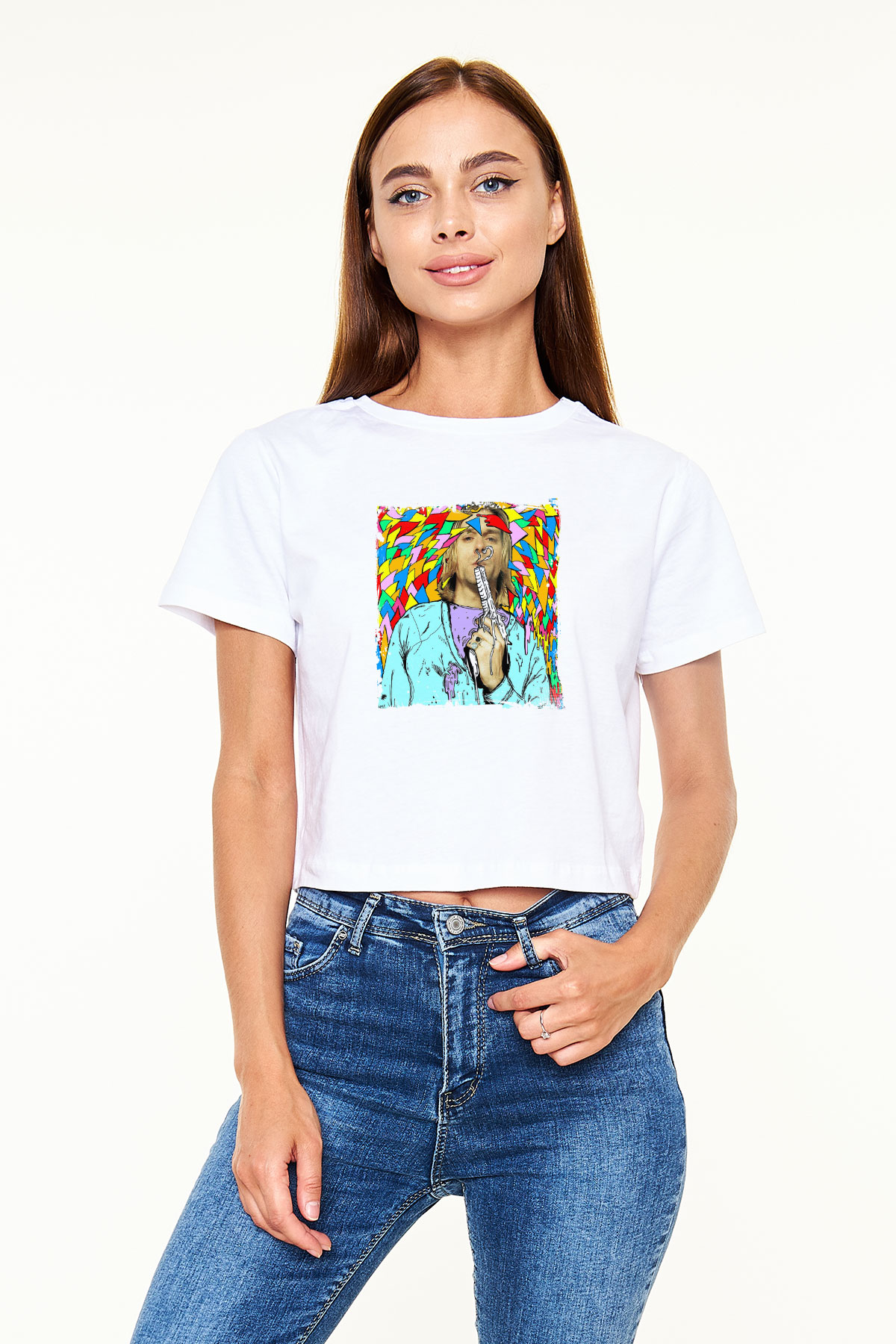 Kurt Cobain Baskılı Beyaz Kadın Crop Top Tişört