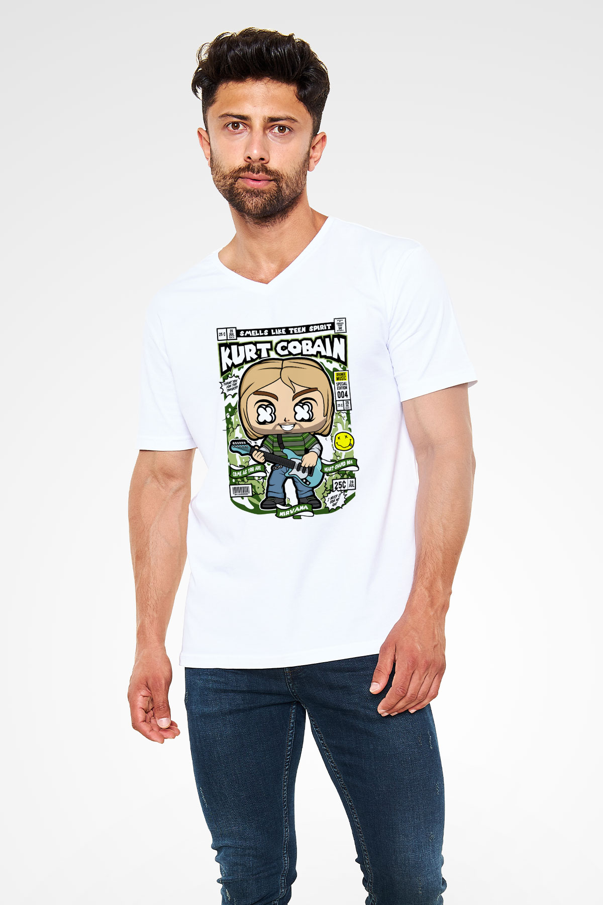 Kurt Cobain Baskılı Unisex Beyaz V Yaka Tişört