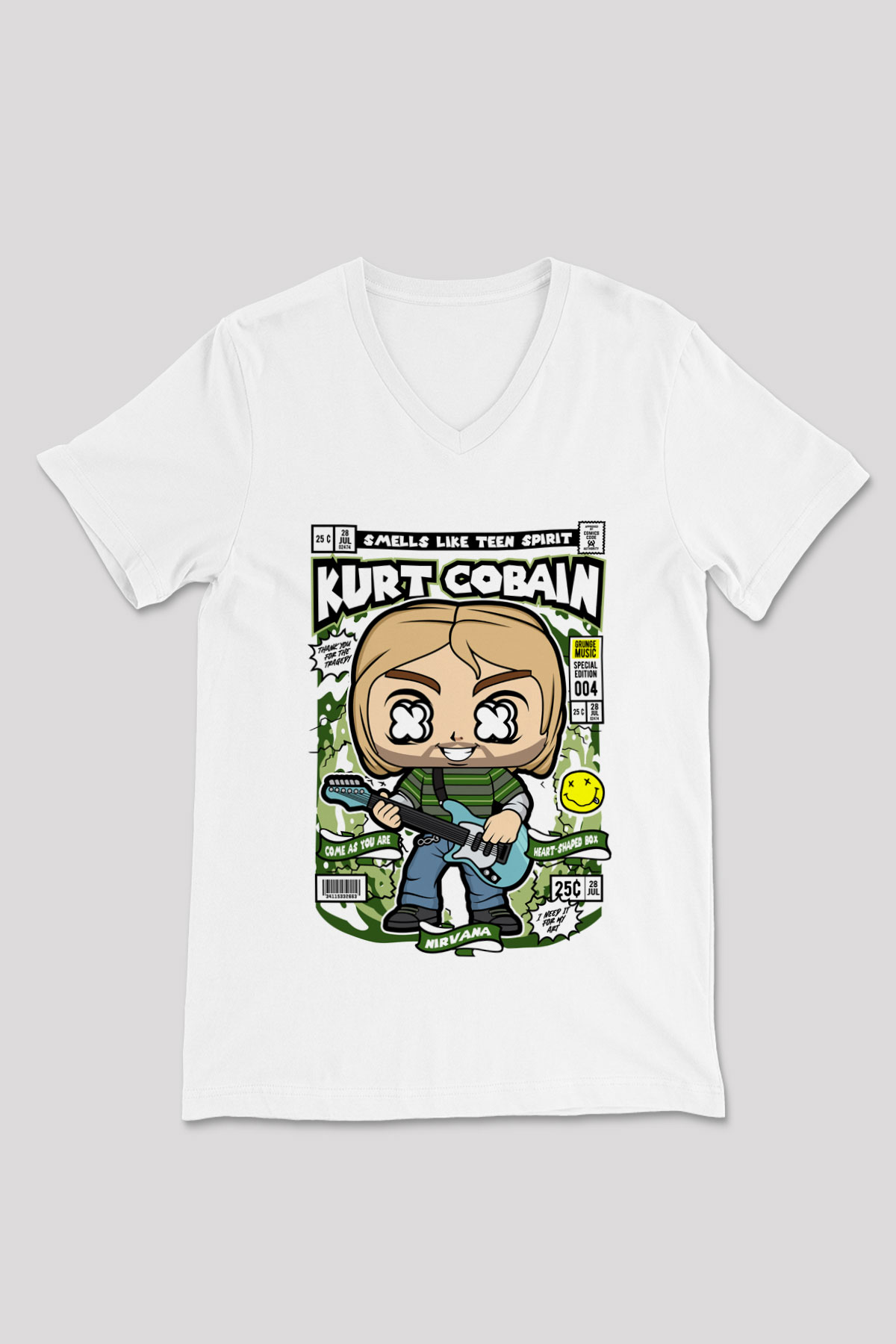 Kurt Cobain Baskılı Unisex Beyaz V Yaka Tişört