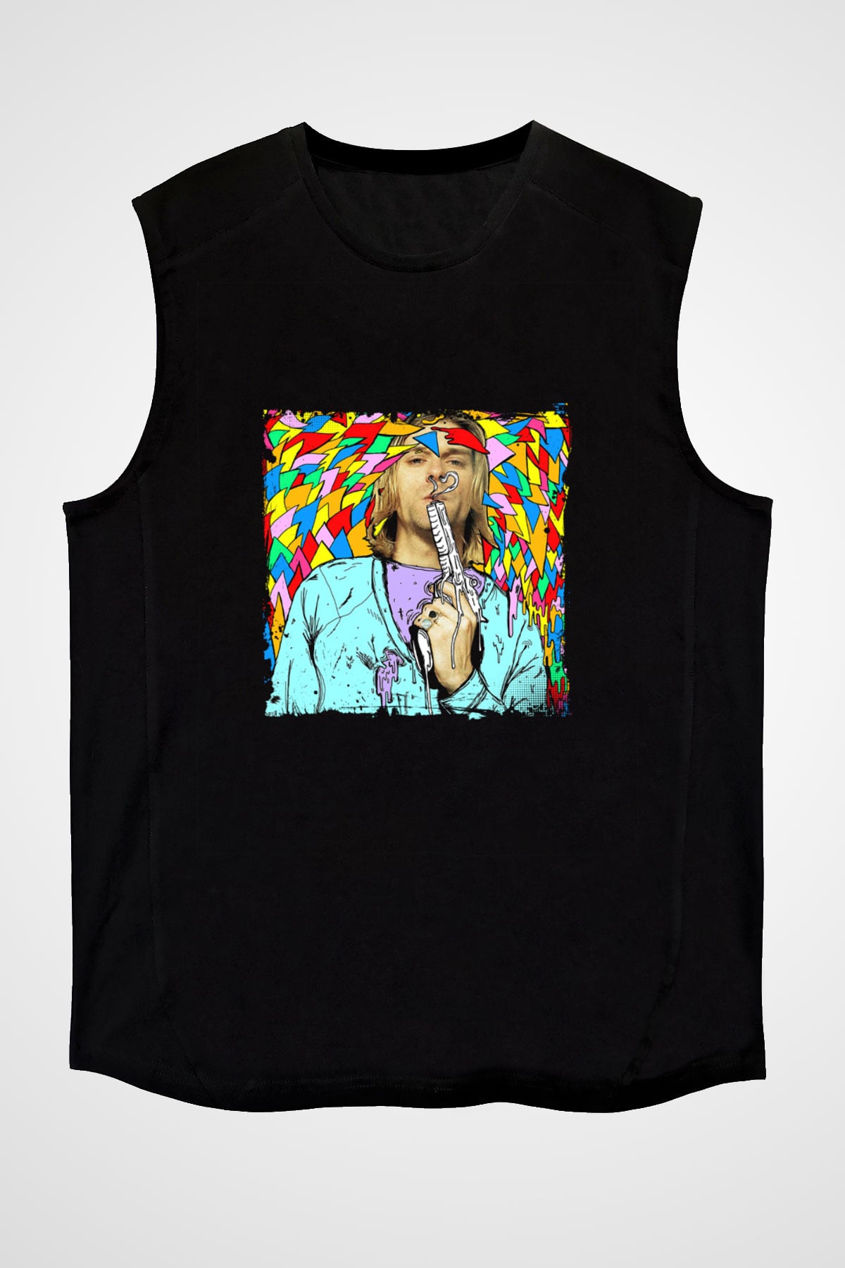 Kurt Cobain Baskılı Unisex Siyah Kolsuz Tişört