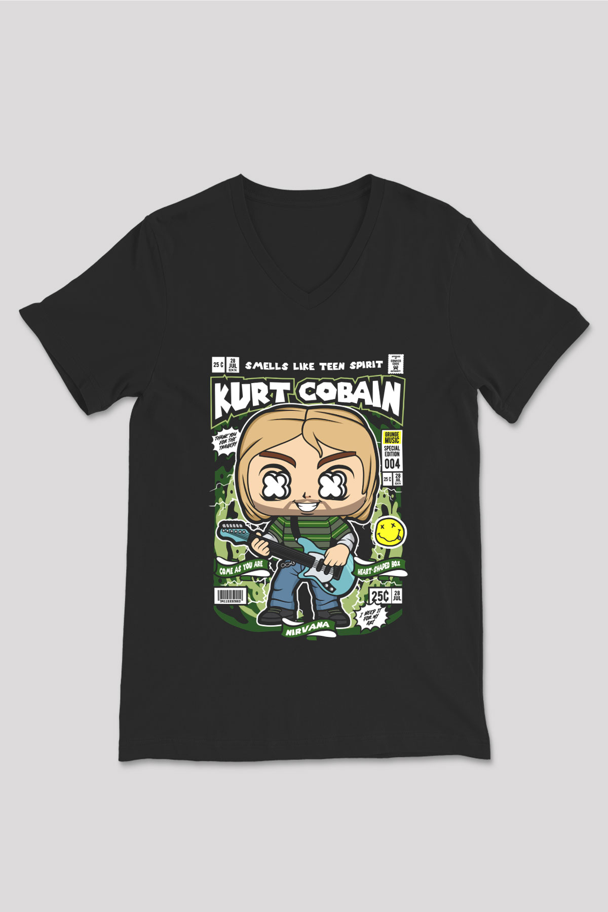 Kurt Cobain Baskılı Unisex Siyah V Yaka Tişört