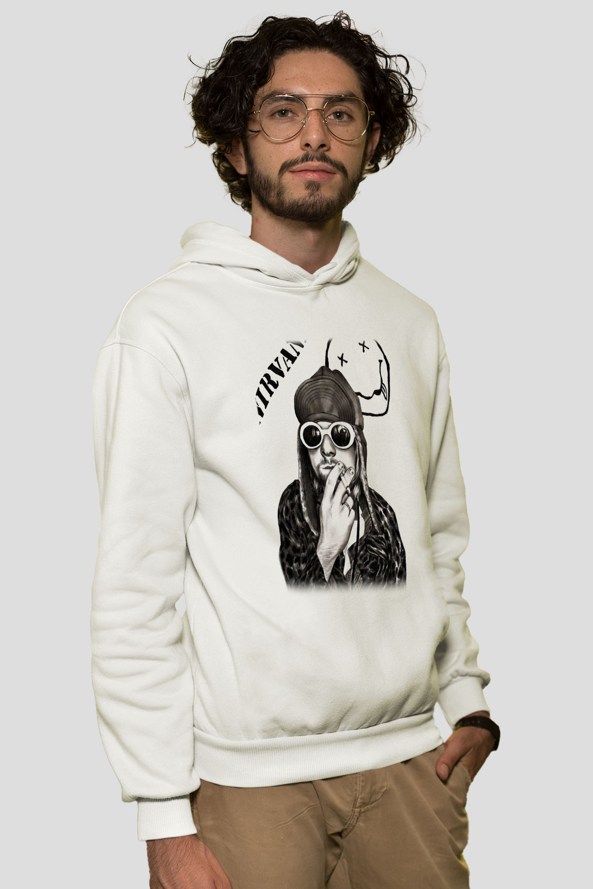 Kurt Cobain Beyaz Unisex Kapşonlu Sweatshirt