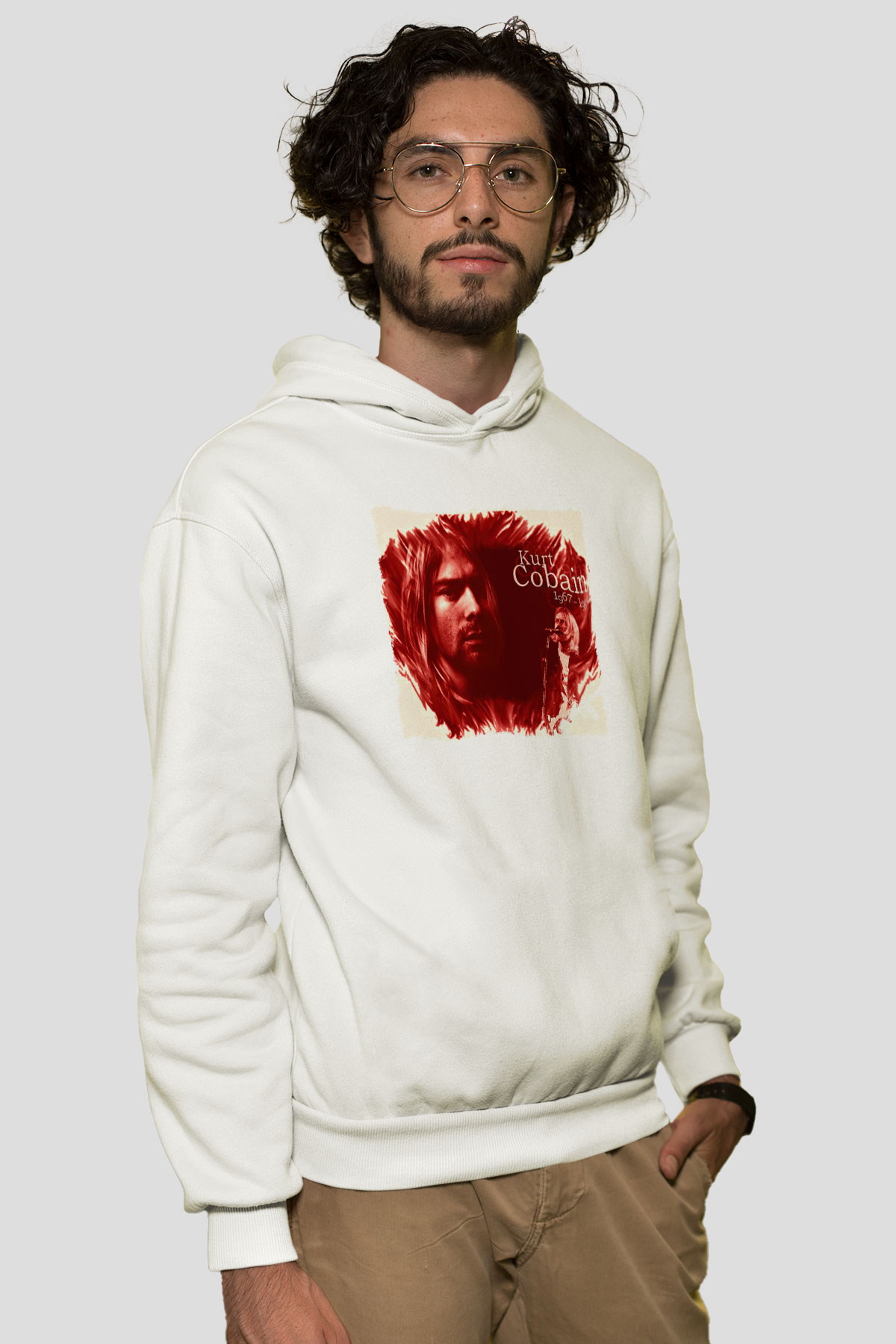 Kurt Cobain Beyaz Unisex Kapüşonlu Sweatshirt