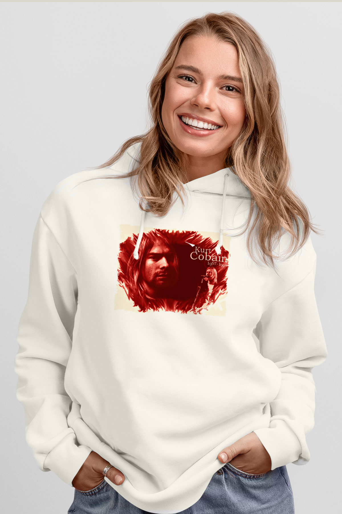 Kurt Cobain Beyaz Unisex Kapüşonlu Sweatshirt