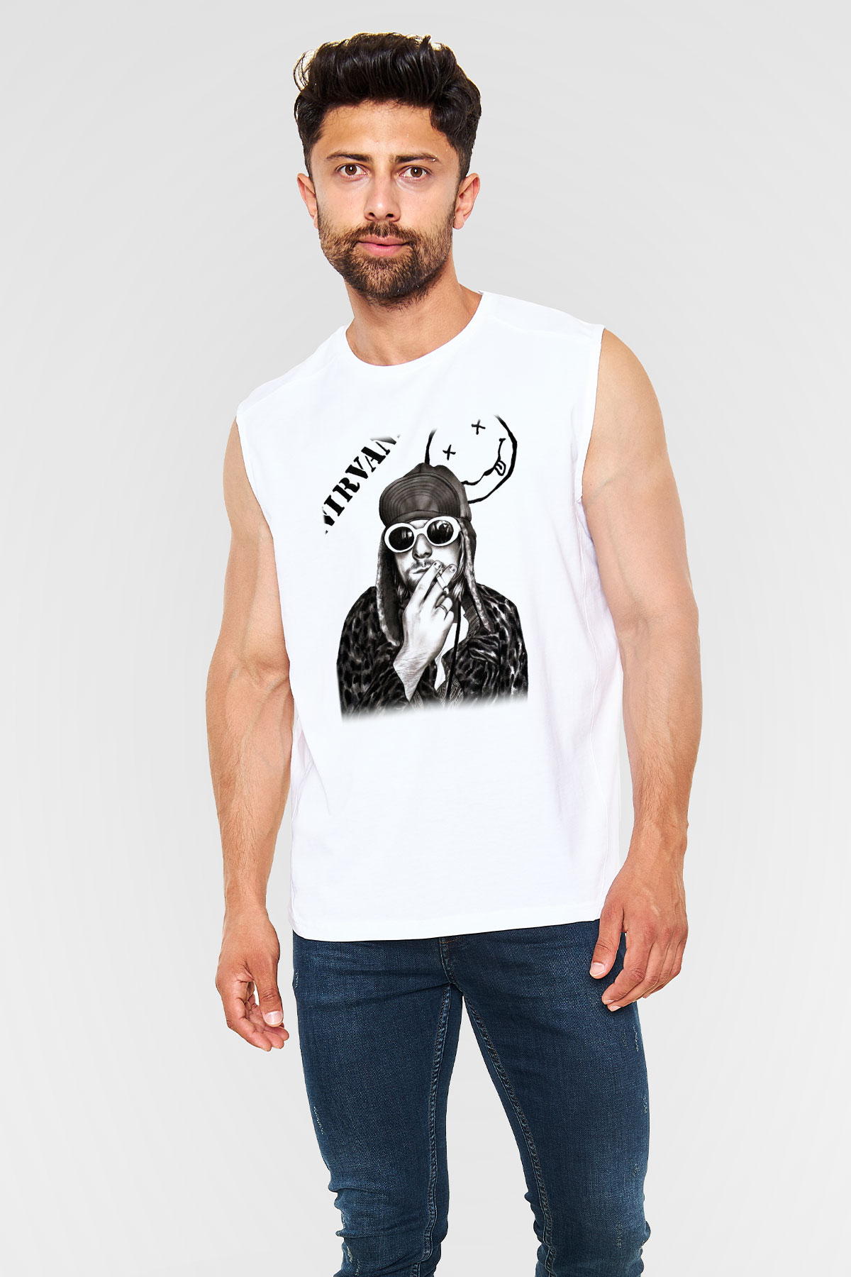 Kurt Cobain Beyaz Unisex Kolsuz Tişört