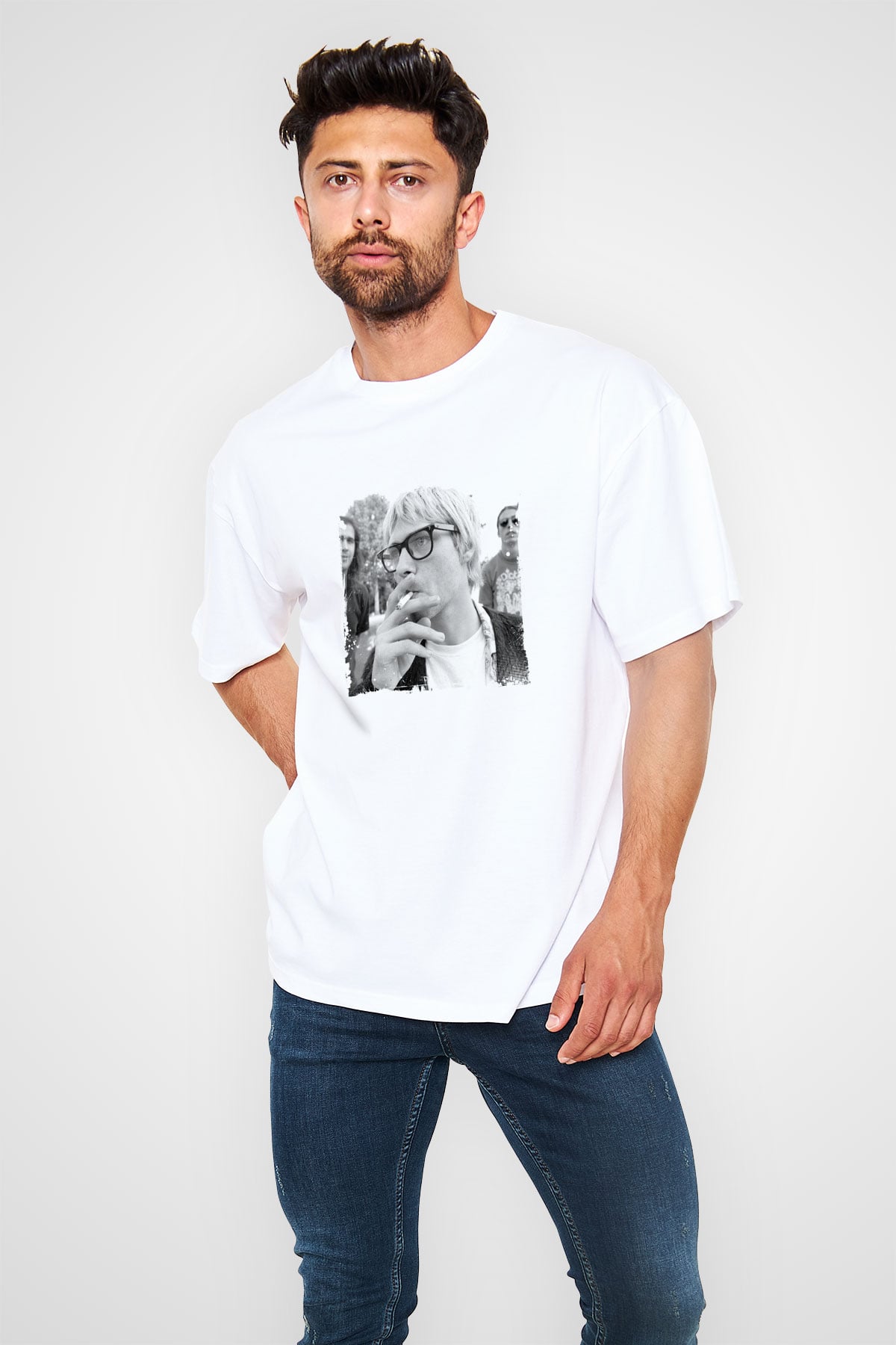 Kurt Cobain Oversize Baskılı Beyaz Tişört