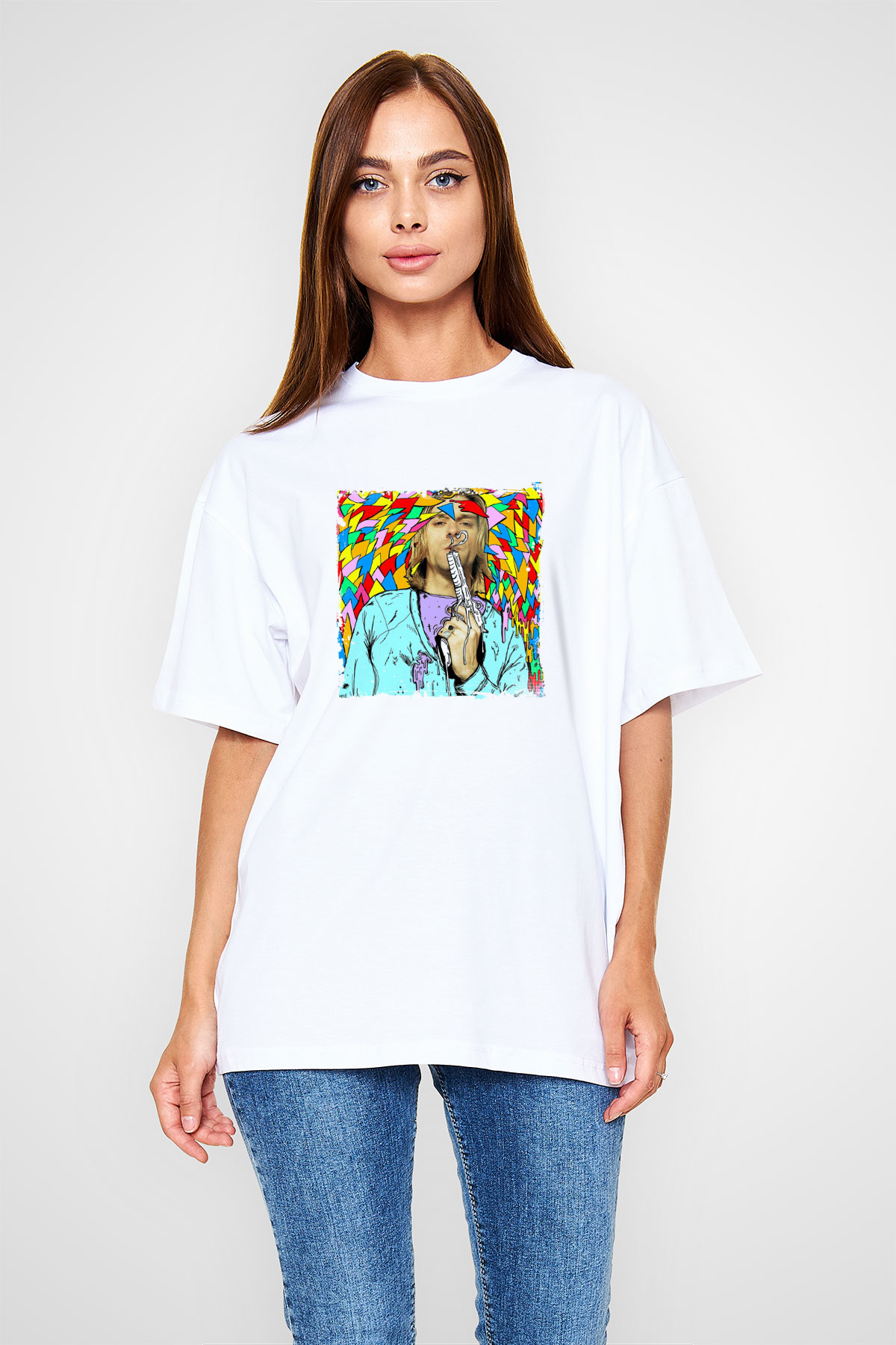 Kurt Cobain Oversize Baskılı Beyaz Tişört